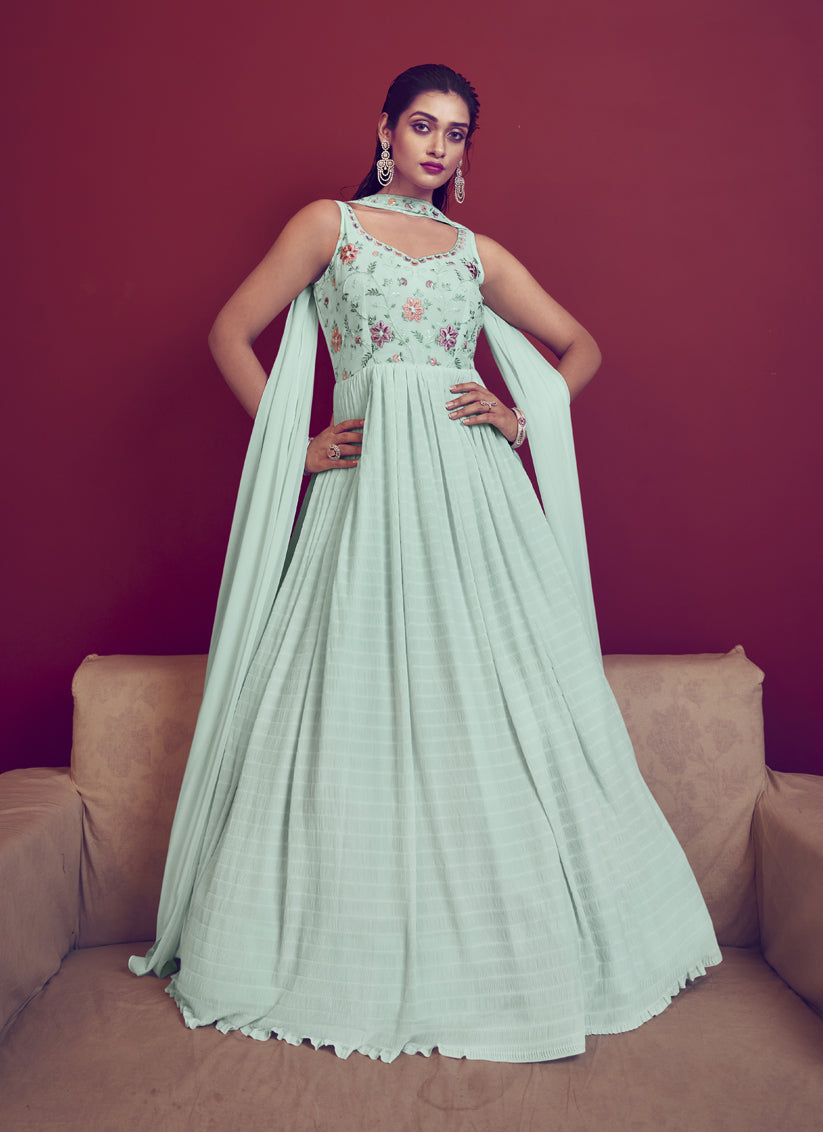 Ice Blue Georgette Embroidered Gown with Dupatta