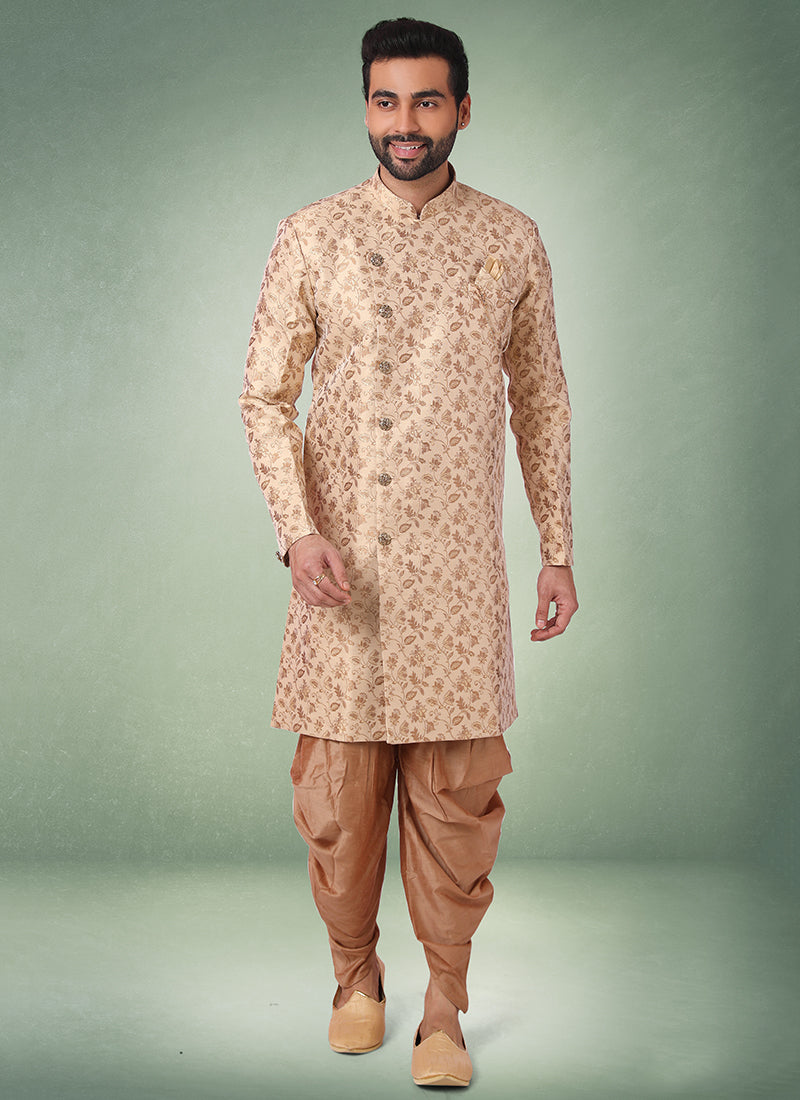 Beige Jacquard Silk Brocade Mens Indo Western