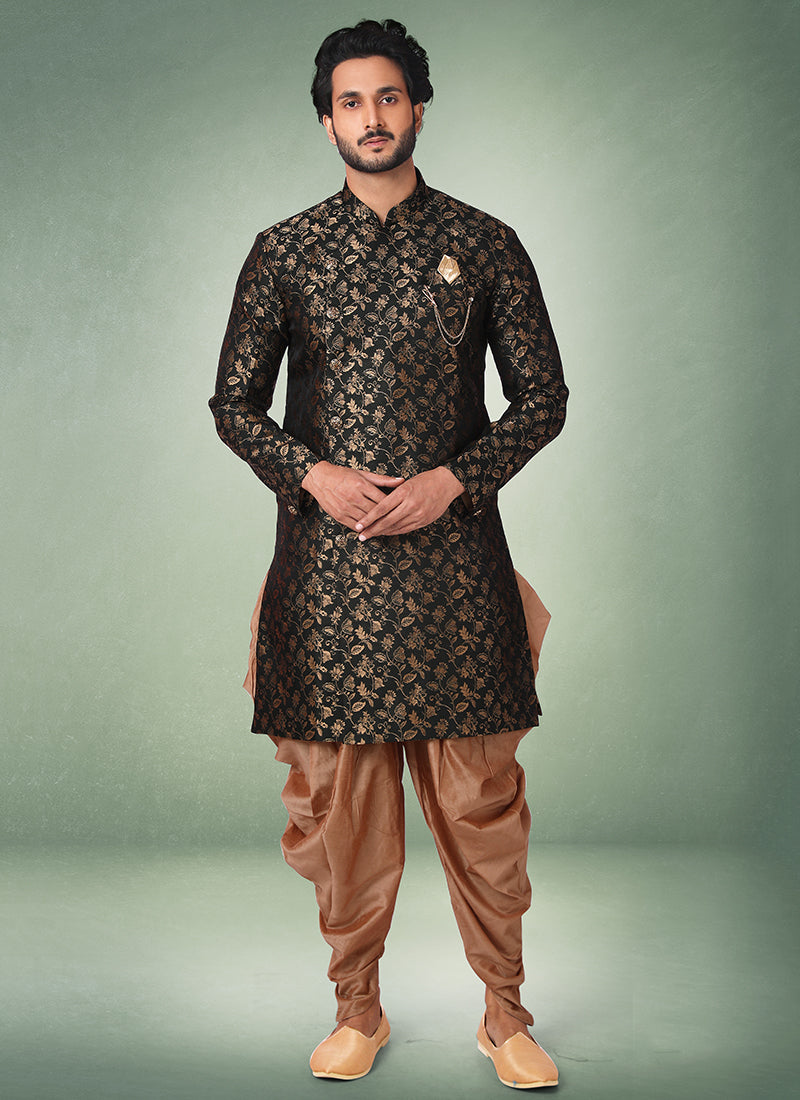Pine Green Jacquard Silk Brocade Mens Indo Western