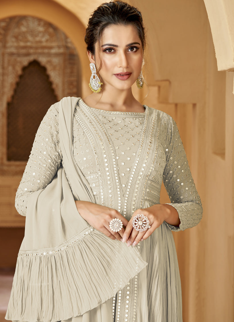 Dusty White Crushed Georgette Lucknowi Work Suit