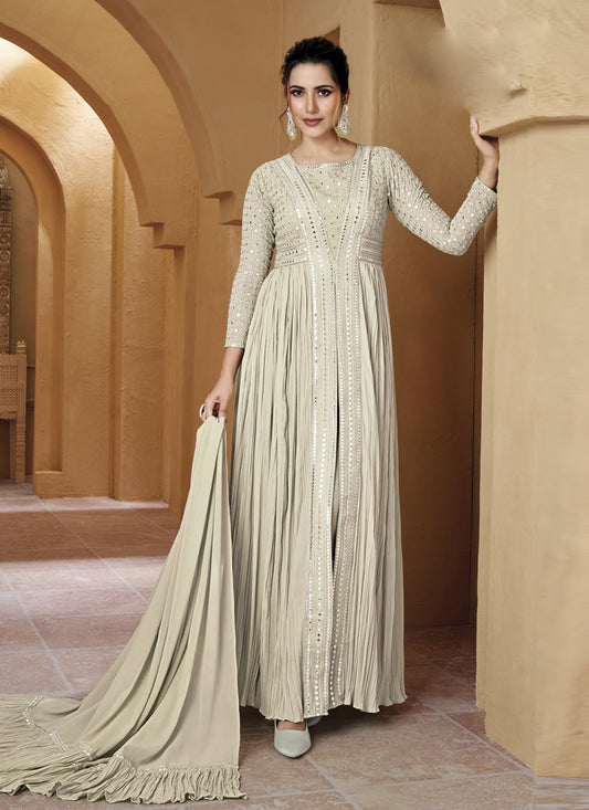 Dusty White Crushed Georgette Lucknowi Work Suit