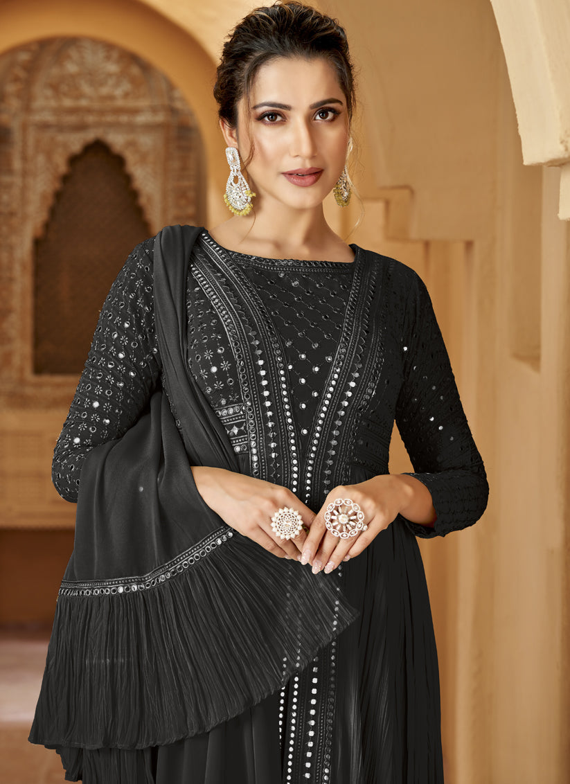Black Crushed Georgette Lucknowi Work Suit