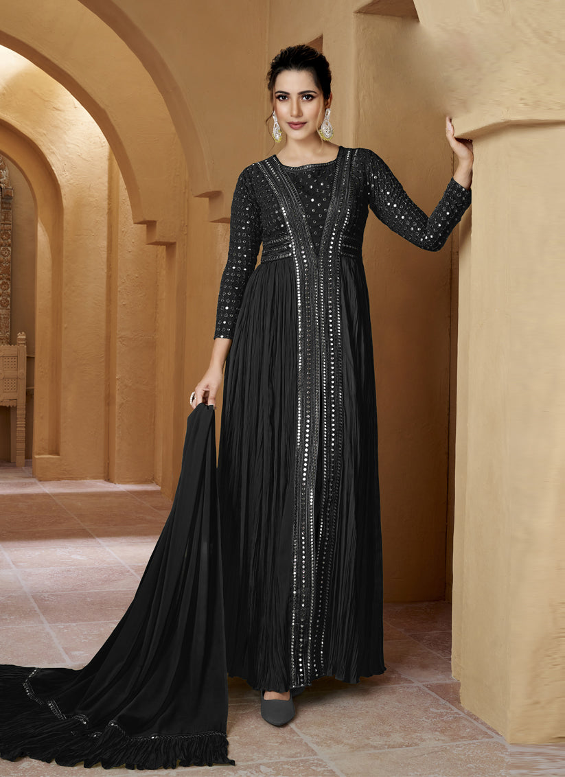 Black Crushed Georgette Lucknowi Work Suit