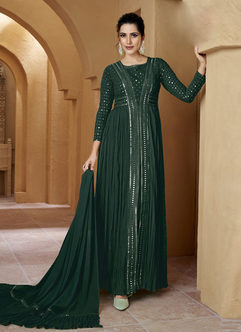 Pine Green Crushed Georgette Lucknowi Work Suit