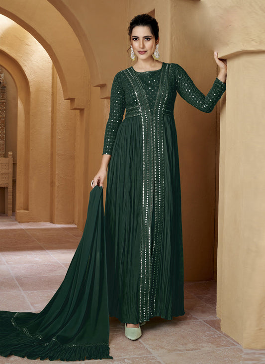 Pine Green Crushed Georgette Lucknowi Work Suit