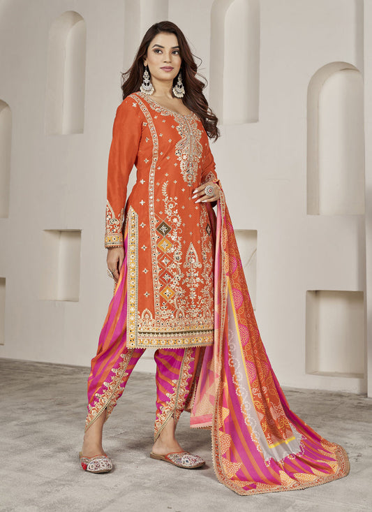 Tangerine Chinnon Embellished Designer Dhoti Salwar Kameez