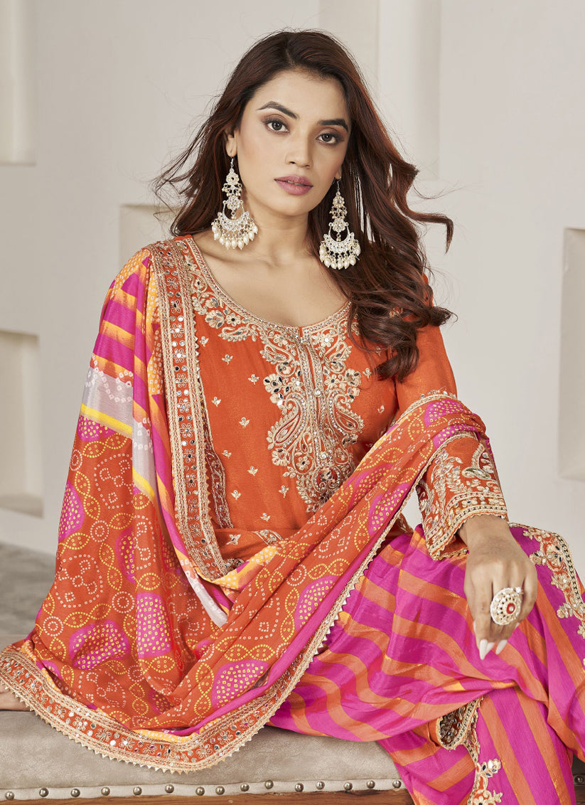 Tangerine Chinnon Embellished Designer Dhoti Salwar Kameez