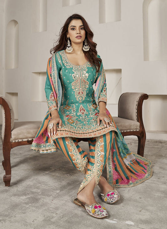 Rama Green Chinnon Embellished Designer Dhoti Salwar Kameez