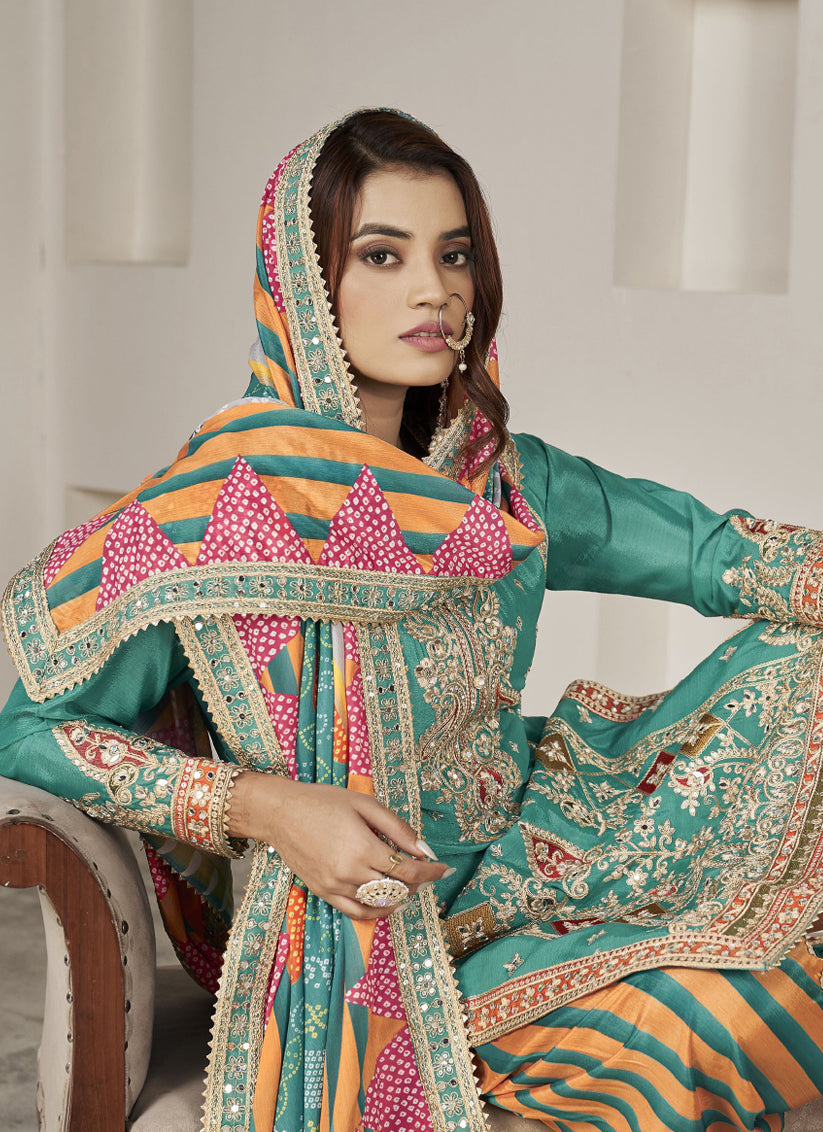 Rama Green Chinnon Embellished Designer Dhoti Salwar Kameez