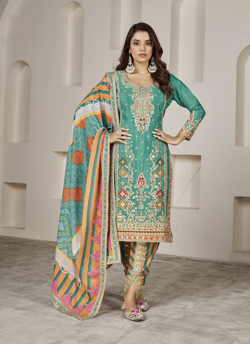Rama Green Chinnon Embellished Designer Dhoti Salwar Kameez