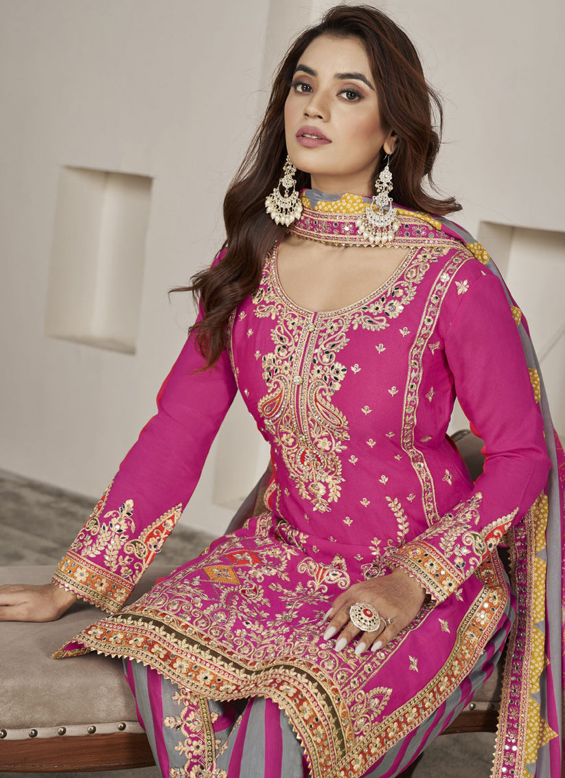 Rani Pink Chinnon Embellished Designer Dhoti Salwar Kameez