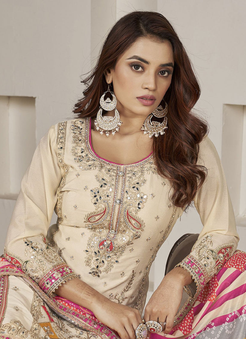 Ivory Chinnon Embellished Designer Dhoti Salwar Kameez