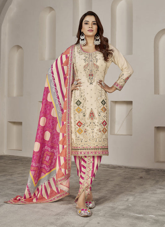 Ivory Chinnon Embellished Designer Dhoti Salwar Kameez
