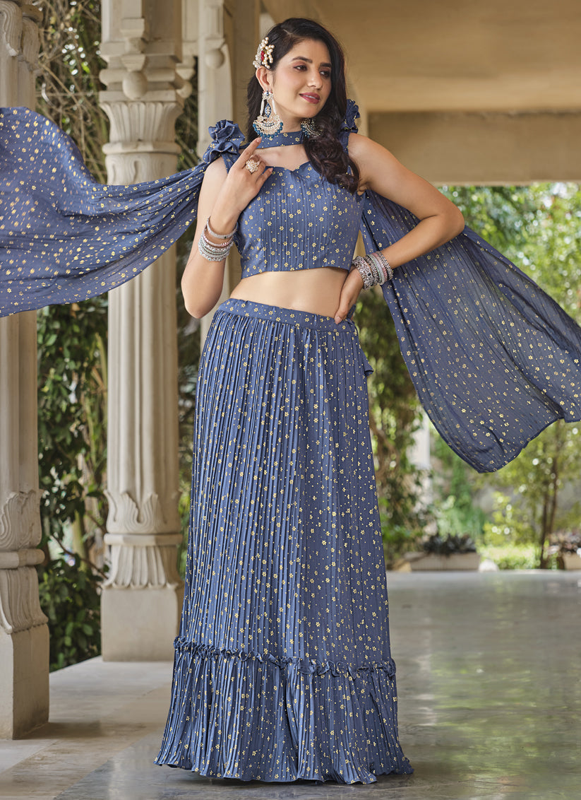 Denim Blue Crushed Georgette Readymade Lehenga Choli