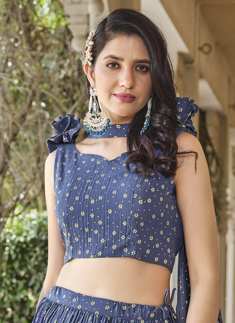 Denim Blue Crushed Georgette Readymade Lehenga Choli