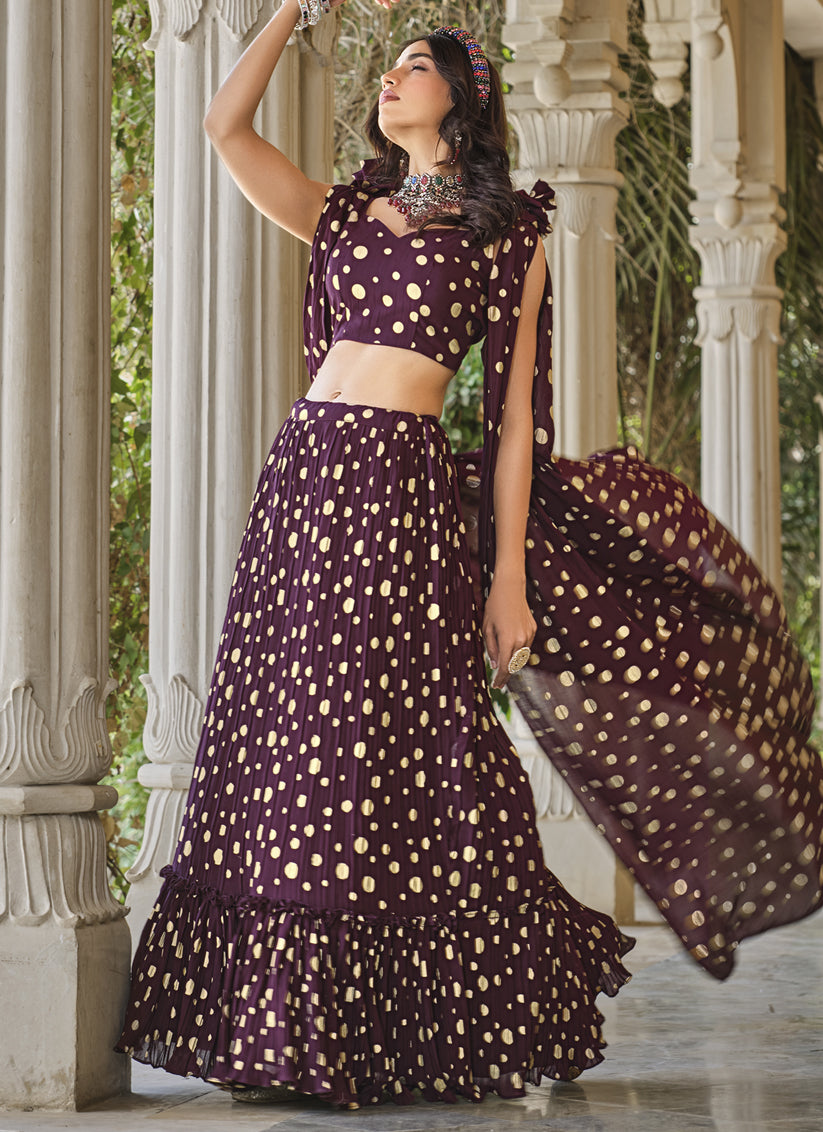 Burgundy Crushed Georgette Readymade Lehenga Choli