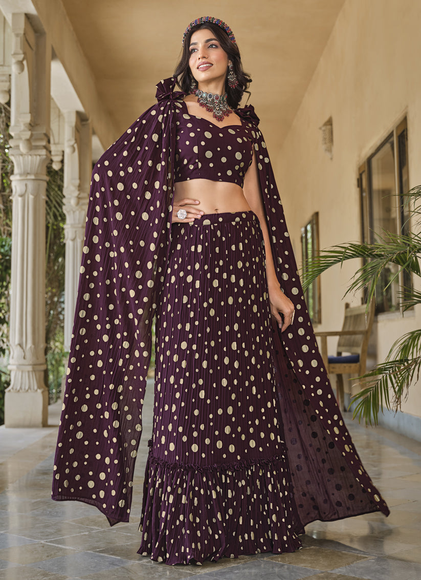 Burgundy Crushed Georgette Readymade Lehenga Choli