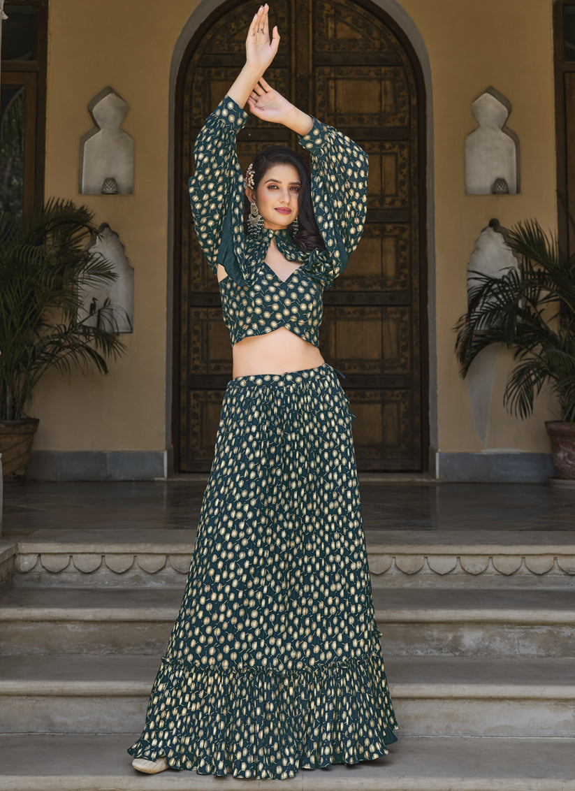 Teal Green Crushed Georgette Readymade Lehenga Choli