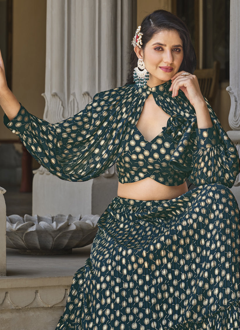 Teal Green Crushed Georgette Readymade Lehenga Choli