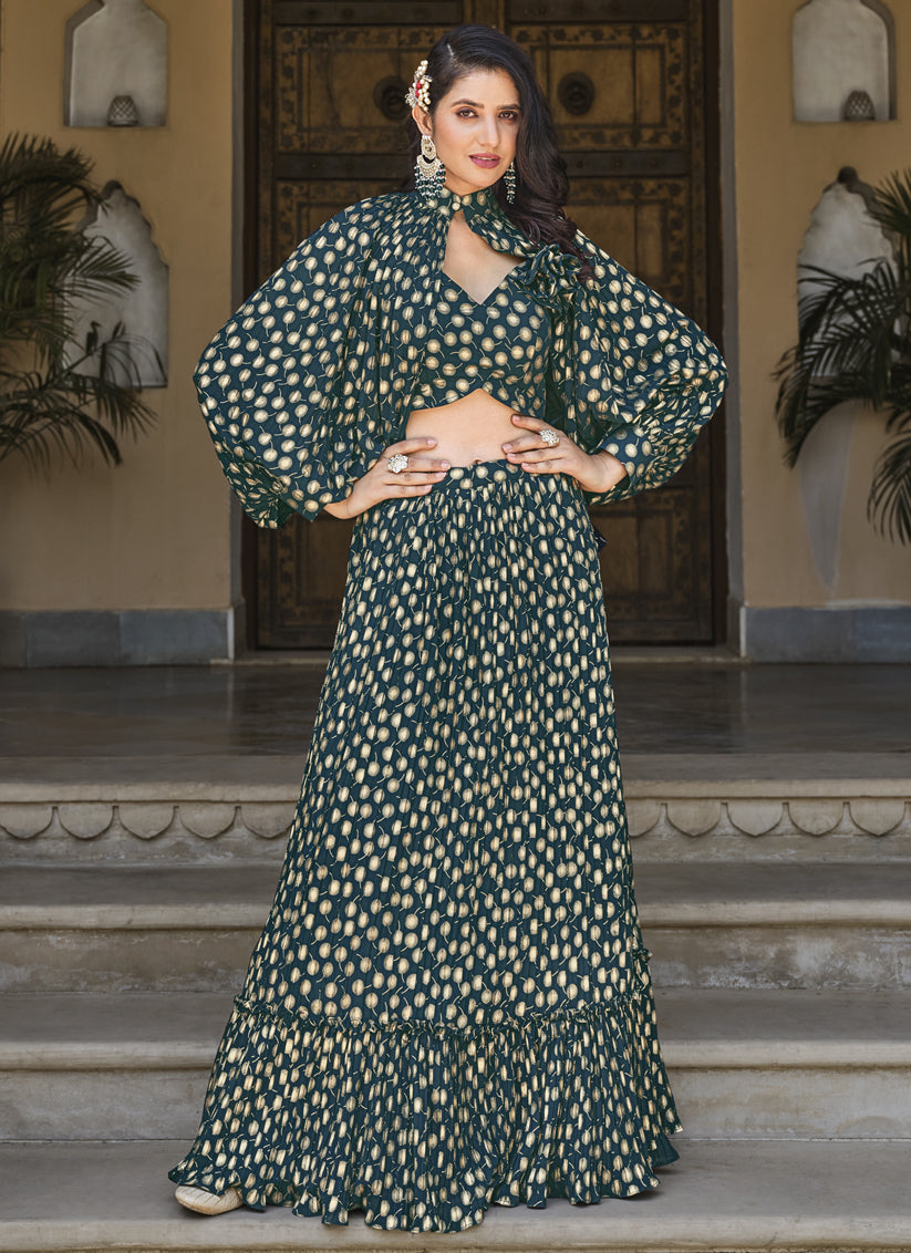 Teal Green Crushed Georgette Readymade Lehenga Choli