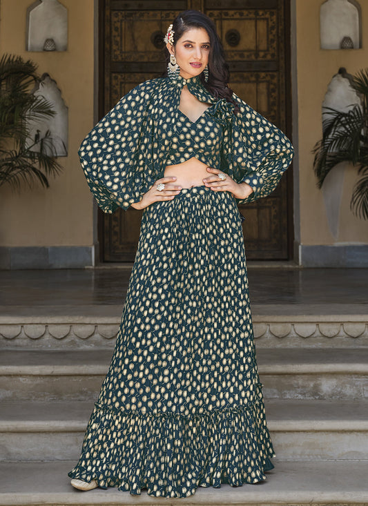 Teal Green Crushed Georgette Readymade Lehenga Choli