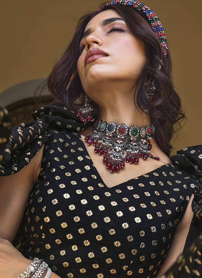 Black Crushed Georgette Readymade Lehenga Choli