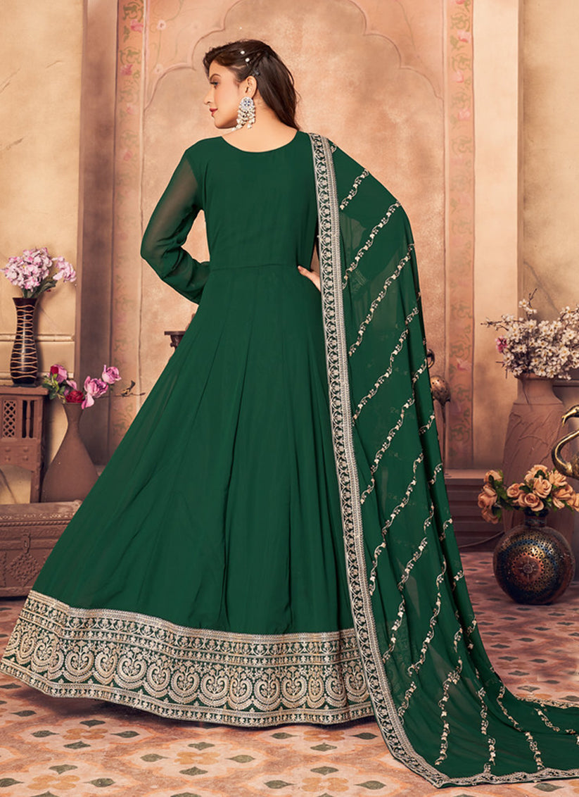 Green Faux Georgette Embroidered Anarkali Suit