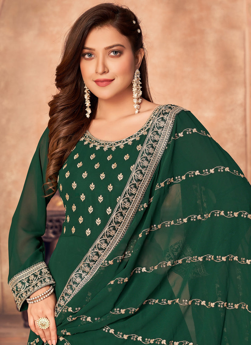Green Faux Georgette Embroidered Anarkali Suit