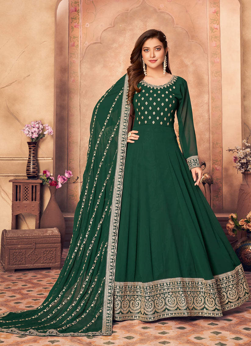 Green Faux Georgette Embroidered Anarkali Suit