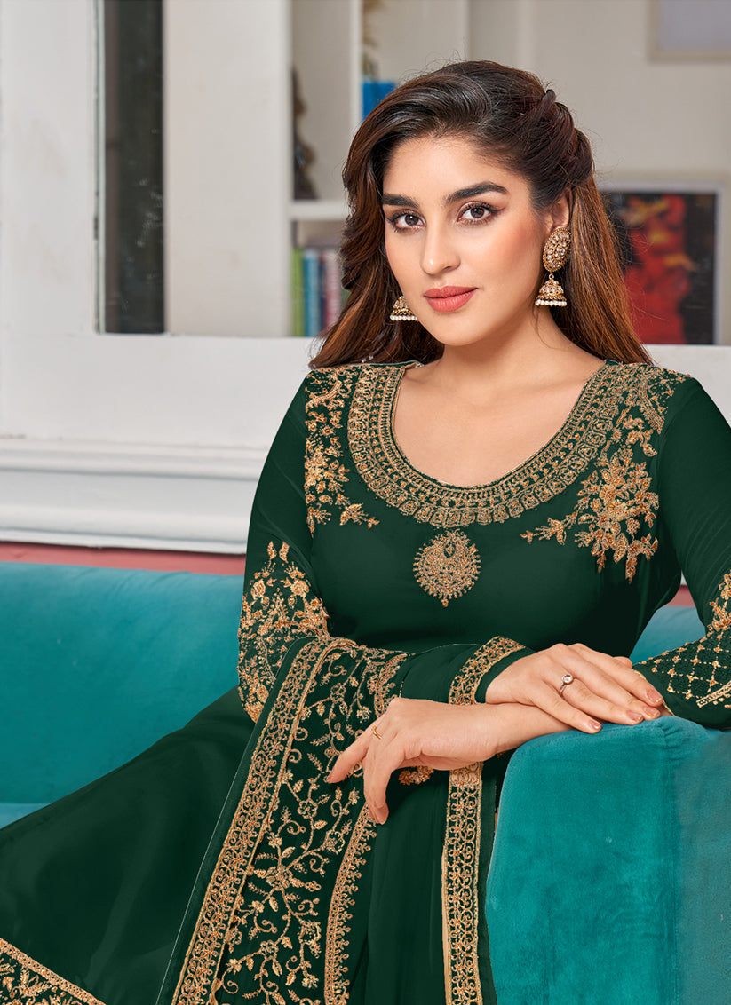 Green Faux Georgette Embroidered Churidar Kameez Set