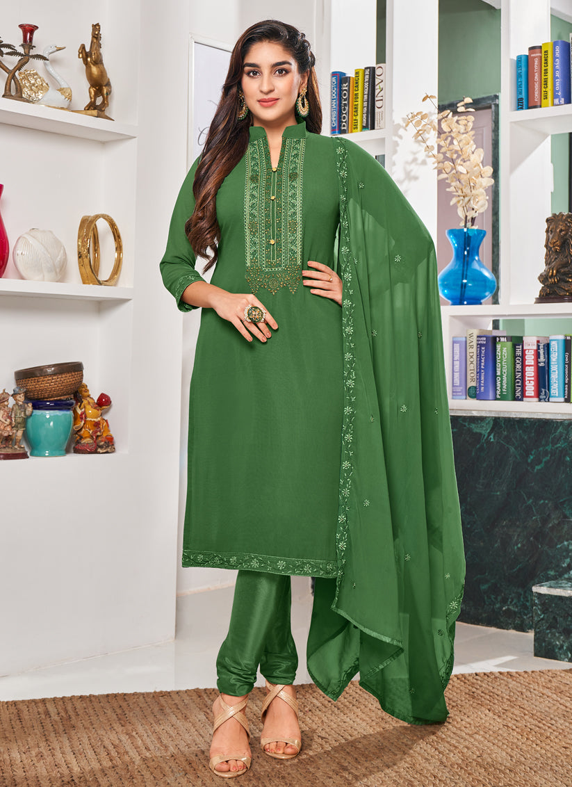 Green Georgette Embroidered Churidar Kameez Set