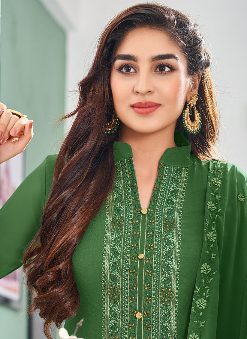 Green Georgette Embroidered Churidar Kameez Set