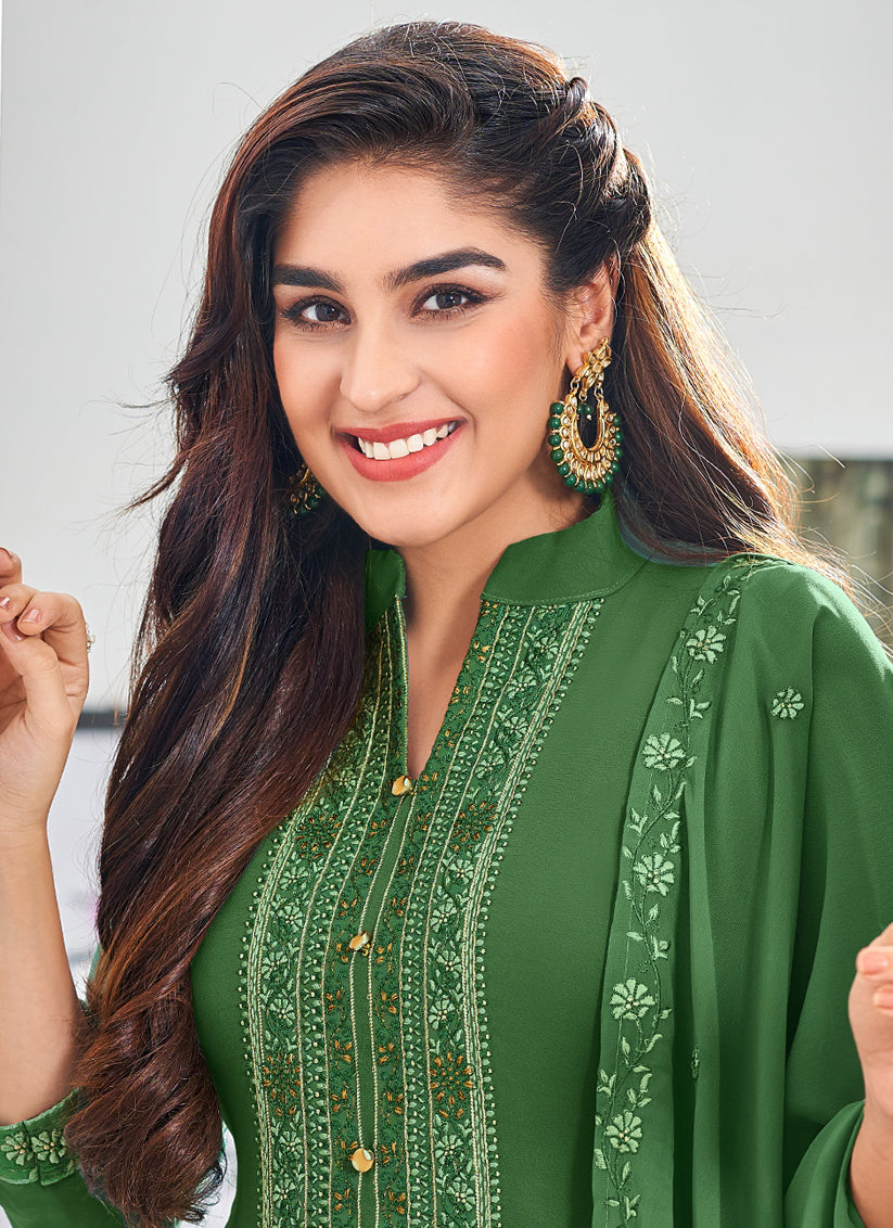 Green Georgette Embroidered Churidar Kameez Set