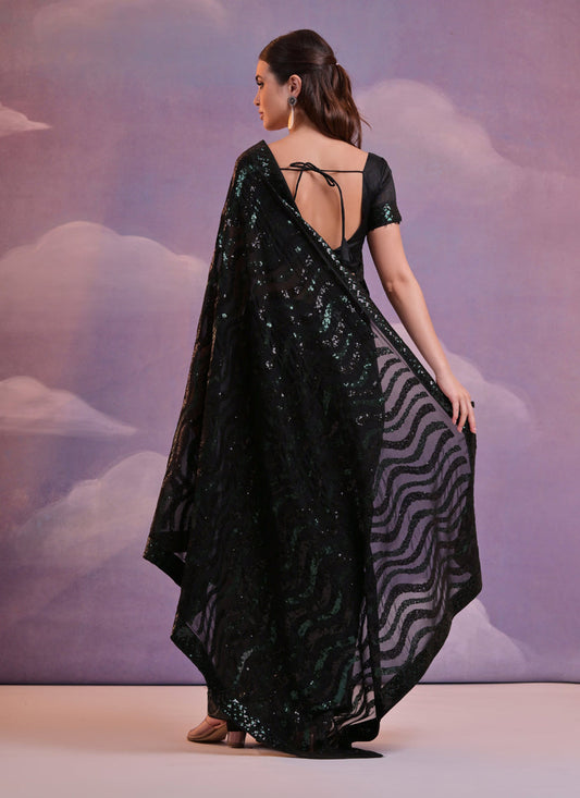Black Georgette Sequined Party Wear Saree