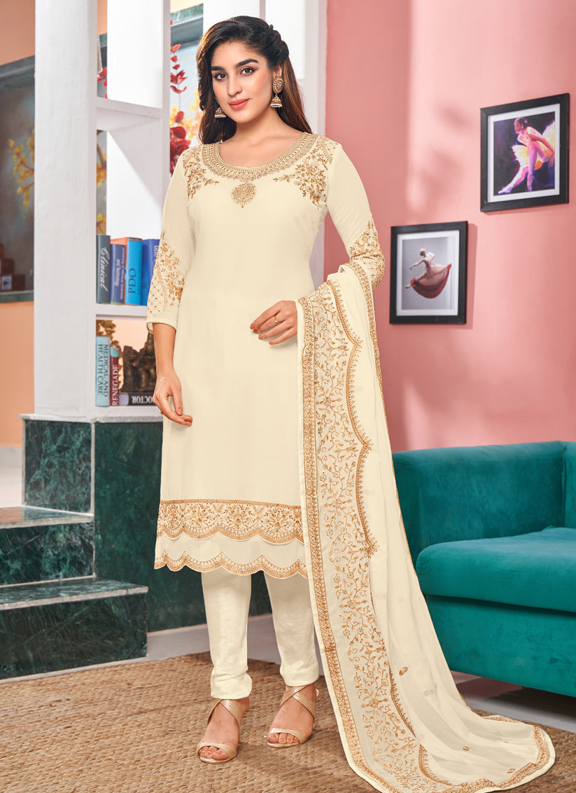 Ivory Faux Georgette Embroidered Churidar Kameez Set