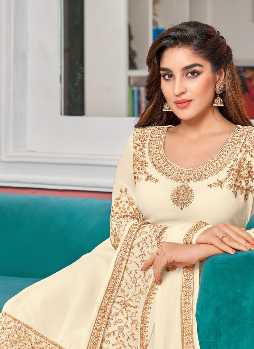 Ivory Faux Georgette Embroidered Churidar Kameez Set