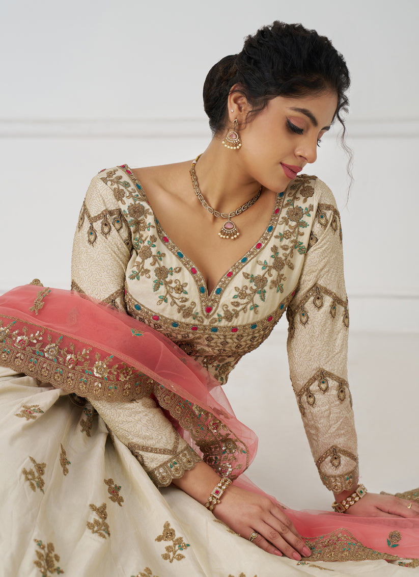 Fascinating Off White Heavy Embroidered Silk Bridesmaid Lehenga Choli