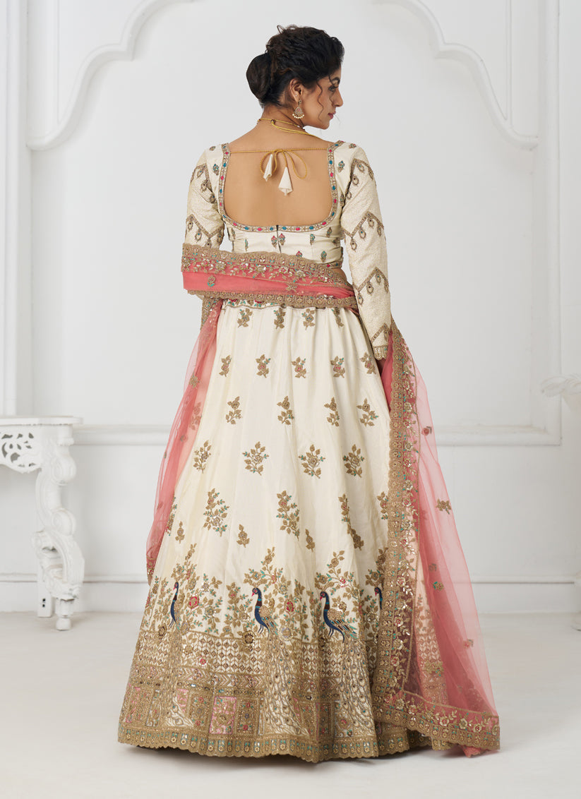 Fascinating Off White Heavy Embroidered Silk Bridesmaid Lehenga Choli