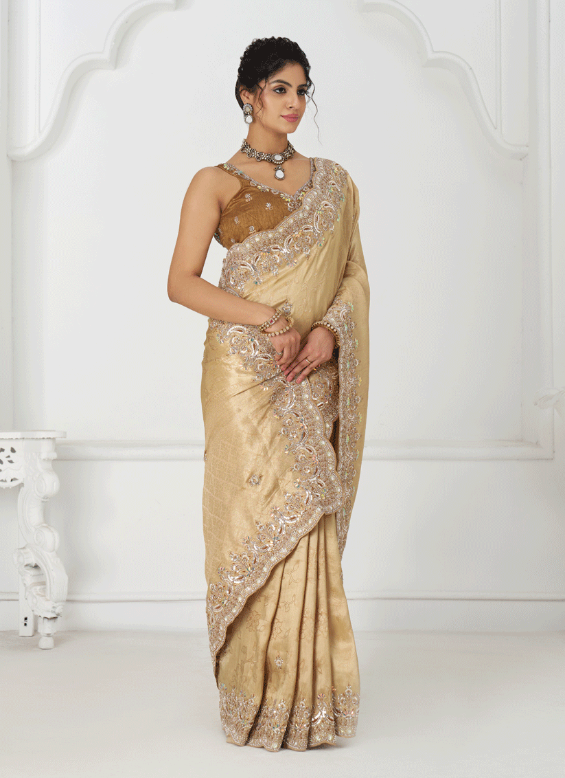 Beige Viscose Silk Sequins Saree Engagement Wedding Functions