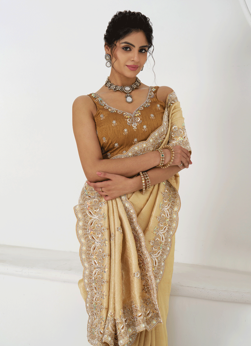 Beige Viscose Silk Sequins Saree Engagement Wedding Functions