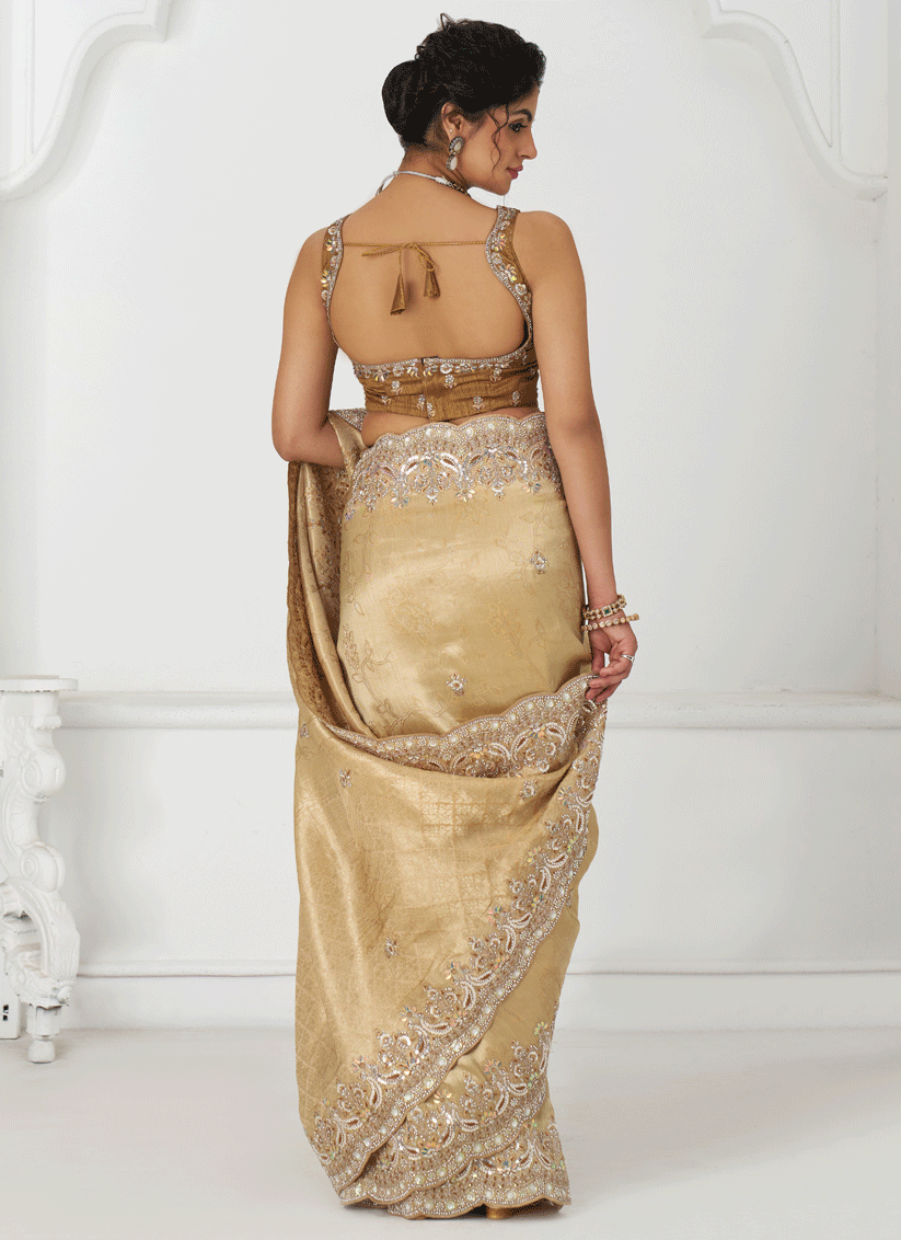 Beige Viscose Silk Sequins Saree Engagement Wedding Functions