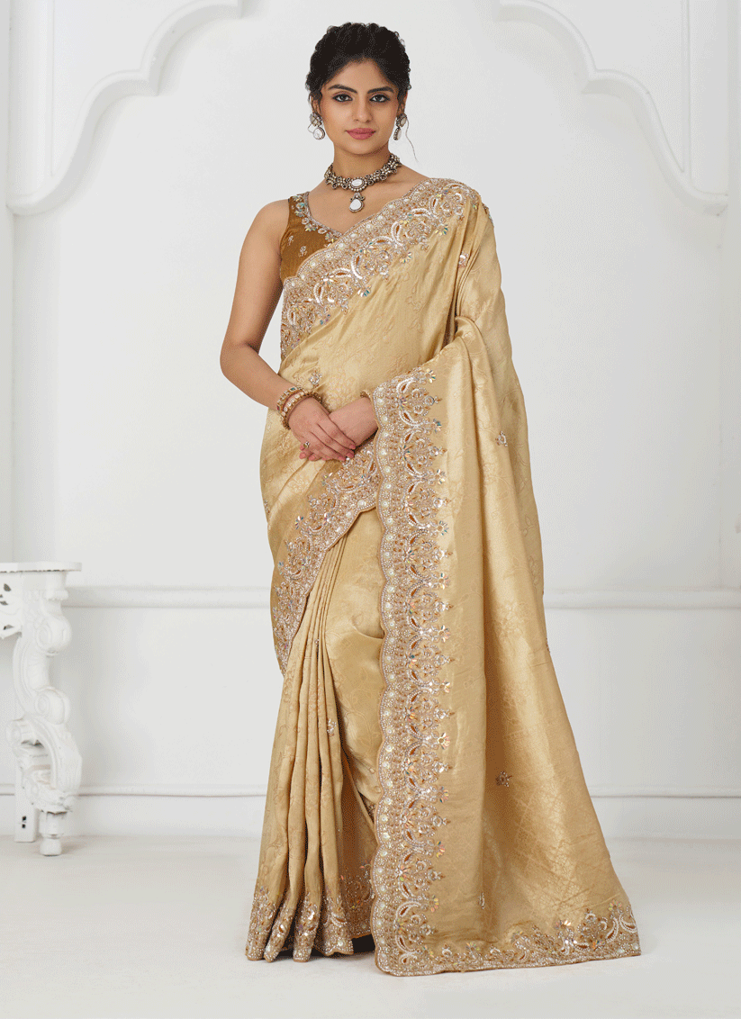 Beige Viscose Silk Sequins Saree Engagement Wedding Functions