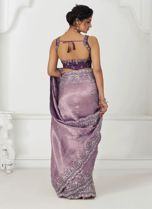 Lavender Viscose Silk Sequins Saree Engagement Wedding Functions