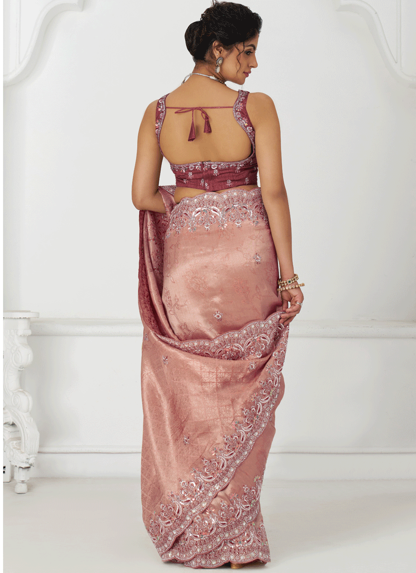 Gorgeous Pink Viscose Silk Sequins Saree Engagement Wedding Functions