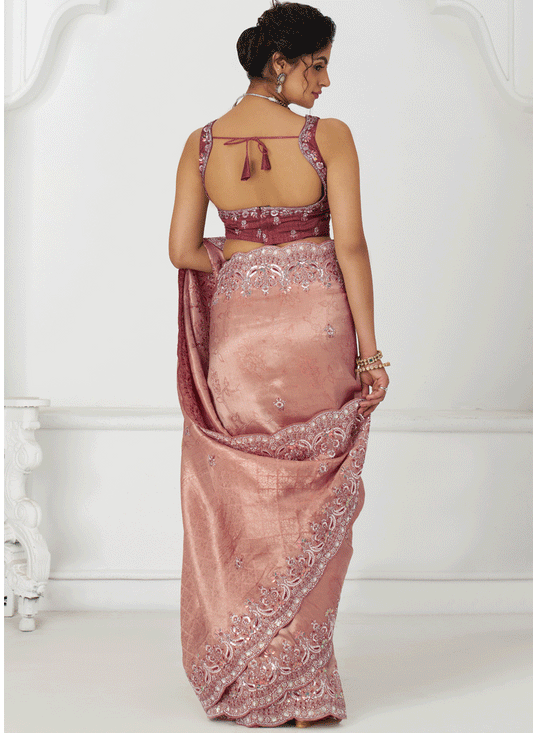 Gorgeous Pink Viscose Silk Sequins Saree Engagement Wedding Functions