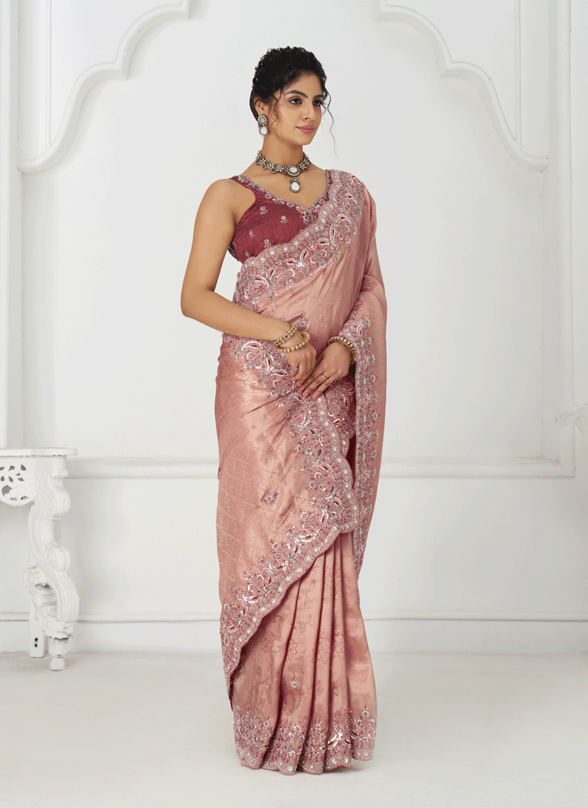 Gorgeous Pink Viscose Silk Sequins Saree Engagement Wedding Functions
