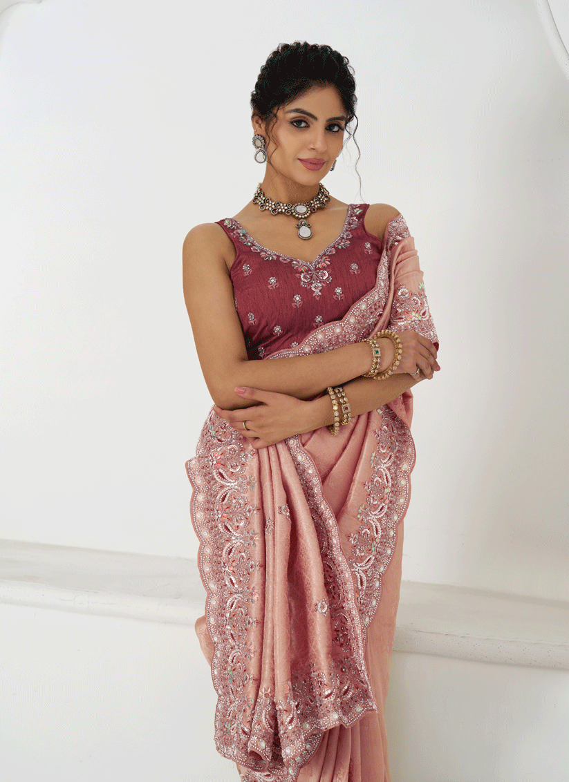 Gorgeous Pink Viscose Silk Sequins Saree Engagement Wedding Functions