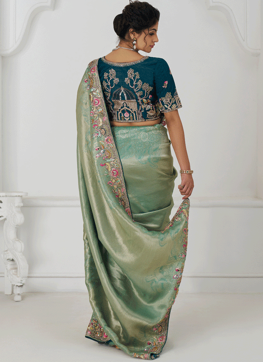 Sage Green Embroidered Zari Saree For Traditional Wear For Engagement Wedding Functions