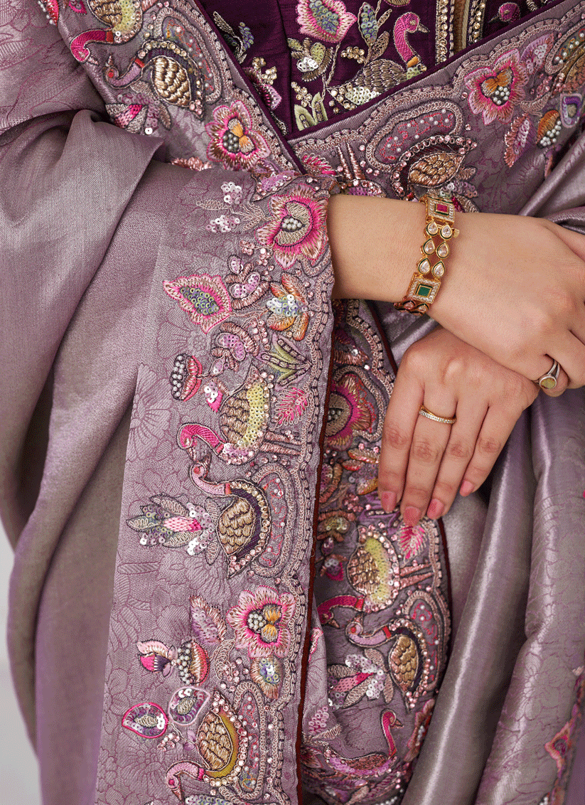 Mauve Embroidered Sequin Dola Silk Saree For Engagement Wedding Functions