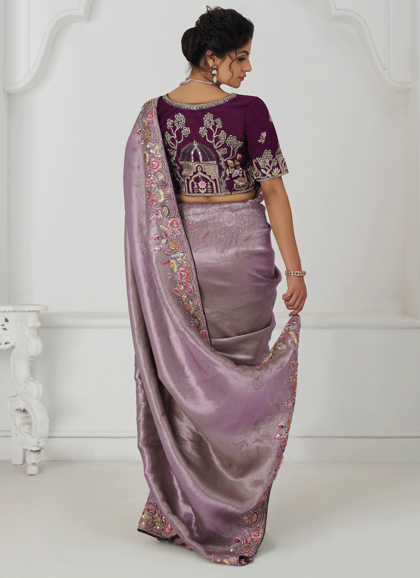 Mauve Embroidered Sequin Dola Silk Saree For Engagement Wedding Functions